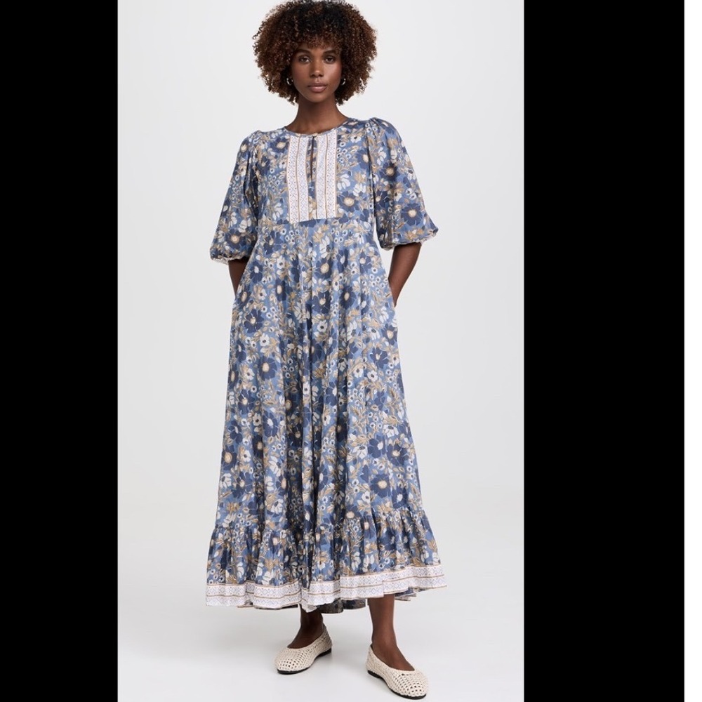 Marea by Liz Joy Maxi House Dress XS Blue Floral Block Print Cotton Cottagecore